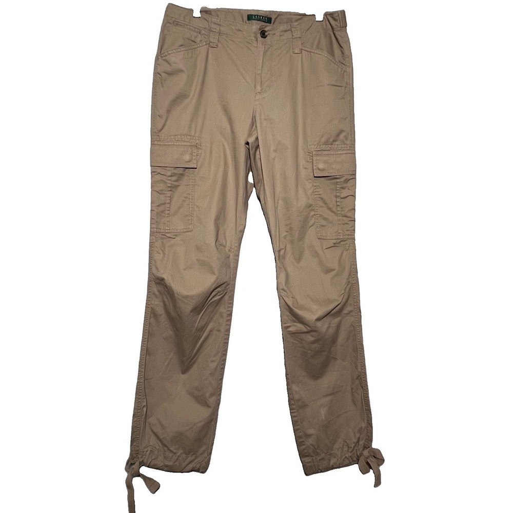 Ralph Lauren Beige Y2K Utility Cargo Pants 8  Joggers Gorpcore Pockets Tie Ankle